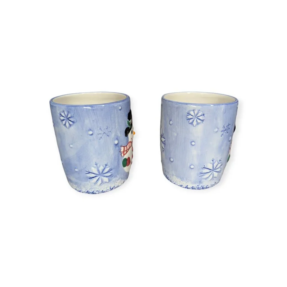 Vintage Lotus Pottery Handpainted Blue 3D Snowman Ceramic Mugs 1998 Set of 2